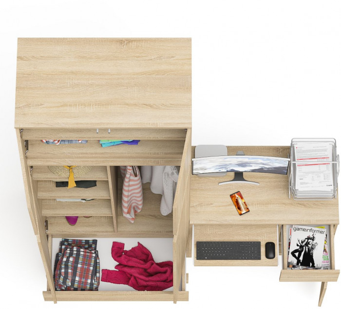 Мори Стол компьютерный МС-1 правый + Шкаф МШ900.1 + Антресоль МА900.1, цвет дуб сонома, ШхГхВ 180,4х50,4х234,2 см., выдвиж. ящик справа, НЕ ун. сб.