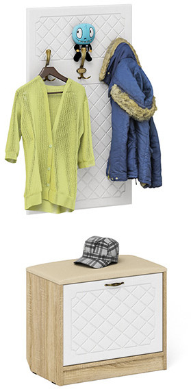 Прихожая П-6 Тумба + Вешалка, дуб сонома/фасады МДФ белое дерево фрезеровка ромб