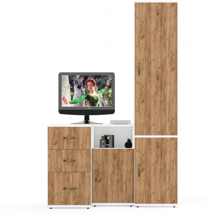 Лидер-8 Пенал МД 22Б + Тумба МД 3.16 + Тумба МД 3.19, белый шагрень/крафт золото