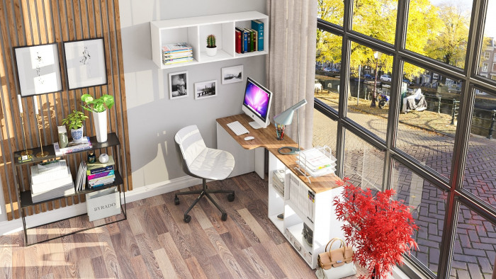 Лидер-8 Стол + Полка, белый шагрень/крафт золото