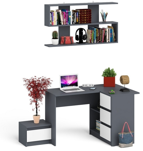 Мори компьютерный стол МС-16 правый + Тумба ТМП400.1 + Полка 1200, графит/белый