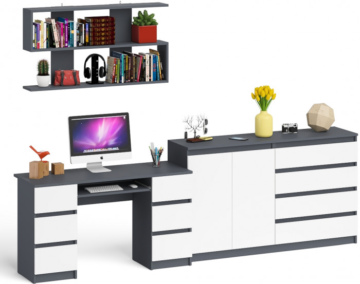 Мори компьютерный стол МС-2 + Комод МК1600.1 + Полка 1200, графит/белый