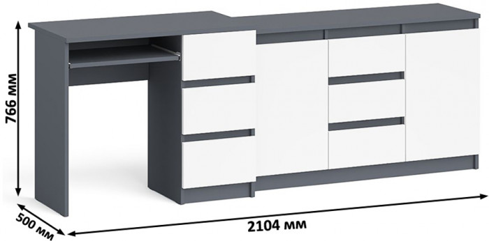 Мори компьютерный стол МС-6 правый + Комод МК1200.3, графит/белый