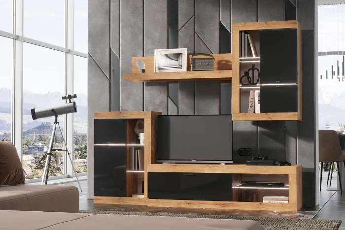 Прага Модульная Гостиная, вариант №1, вотан/Черный глянец