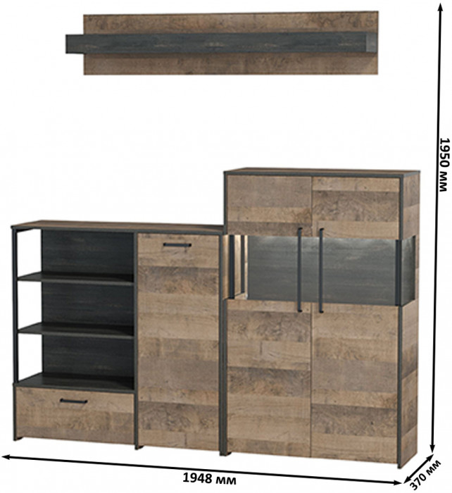 Трувор Гостиная 006, цвет дуб гранж песочный/интра, ШхГхВ 194,8х37х195 см., универсальная сборка