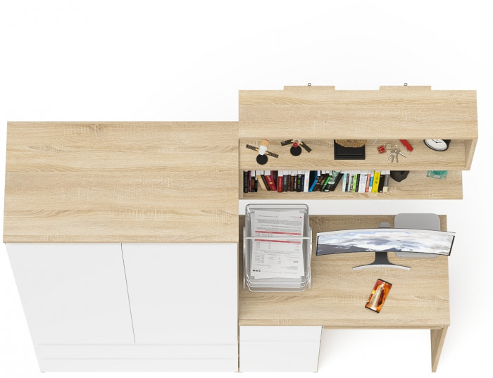 Мори Стол компьютерный МС-1 левый + Шкаф МШ900.1 + Полка 900, цвет дуб сонома/белый, ШхГхВ 180,4х50,4х209,6 см., НЕ универсальная сборка