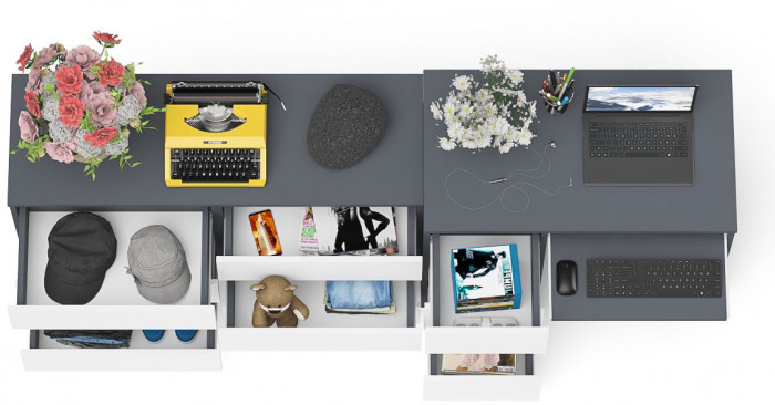 Мори компьютерный стол МС-6 левый + Комод МК1200.6, графит/белый