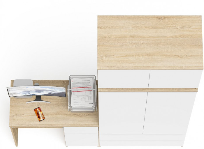 Мори Стол компьютерный МС-1 правый + Шкаф МШ900.1 + Антресоль МА900.1, цвет дуб сонома/белый, ШхГхВ 180,4х50,4х234,2 см., выдв. ящ. справа, НЕ ун. сб.