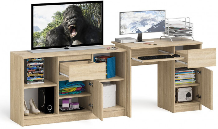 Мори компьютерный стол МС-1 правый + Тумба МТВ1204.1, дуб сонома
