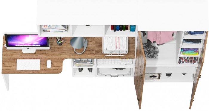 Лидер-8 Стол + Полка + Шкаф МД 20Б, цвет белый шагрень/крафт золото, ШхГхВ 245х50/37,5х75/190 или 115х160/50х75/190 см., НЕ универсальная сборка