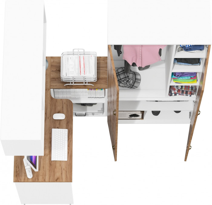 Лидер-8 Стол + Полка + Шкаф МД 20Б, цвет белый шагрень/крафт золото, ШхГхВ 245х50/37,5х75/190 или 115х160/50х75/190 см., НЕ универсальная сборка