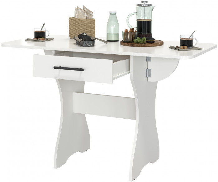 Стол обеденный раскладной с ящиком 6-02.120ТМбел, цвет белый, ШхГхВ 120х57х75 см., 60х57х75 см. сложенный