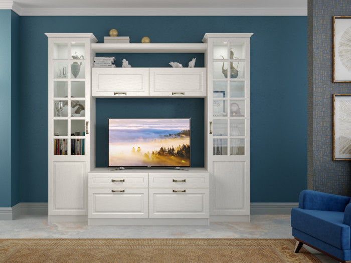 Ливерпуль Шкаф-витрина + карниз, цвет ясень ваниль/белый, ШхГхВ 50х41,4х220,3 см.(без карниза), 58,2х43,5х223,5 см.(с карнизом), подсветка, ун. сб.