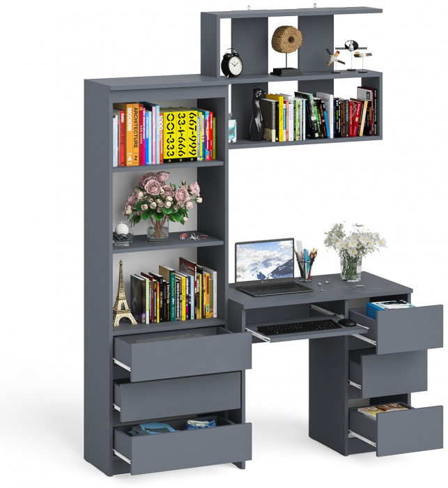Мори компьютерный стол МС-6 правый + Стеллаж МСТ600.3 + Полка 900, графит