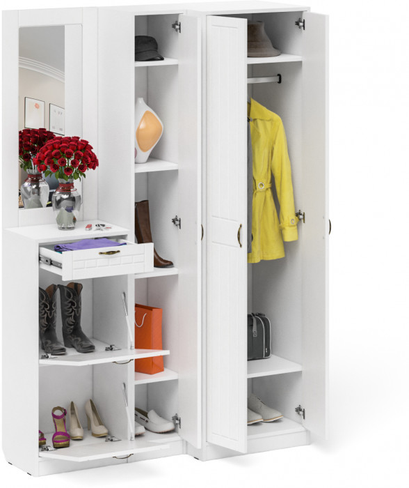 Прихожая П-6 Компоновка № 29, белая шагрень/фасады МДФ белое дерево фрезеровка прованс