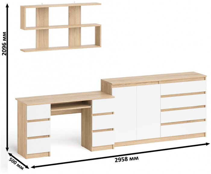 Мори компьютерный стол МС-2 + Комод МК1600.1 + Полка 1200, дуб сонома/белый