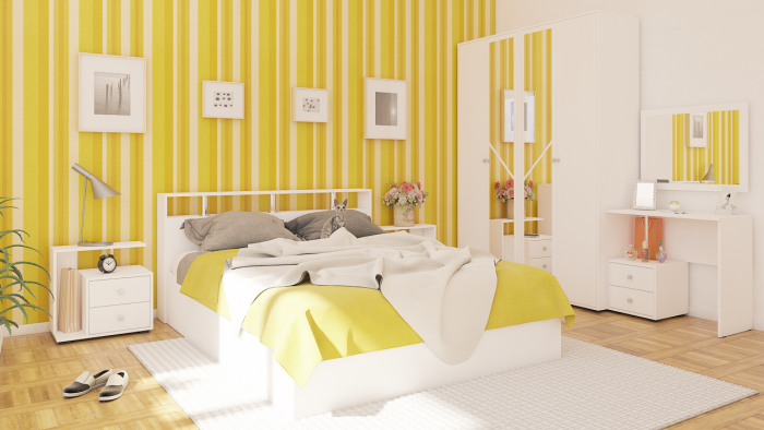 Камелия спальня № 2 Кровать 1600 + Две тумбы + Стол косметич. + Зеркало + Шкаф 4-х, цвет белый, сп.м. 1600х2000 мм., б/м, осн. есть