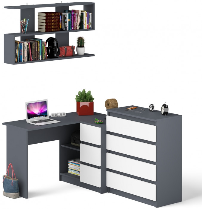 Мори компьютерный стол МС-16 правый + Комод МК800.4 + Полка 1200, графит/белый