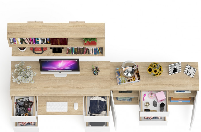 Мори компьютерный стол МС-2 + Комод МК1200.3 + Полка 1200, дуб сонома/белый