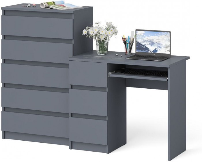 Мори Стол компьютерный МС-6 левый + Комод МК700.5, цвет графит, ШхГхВ 160,4х50х114 см., выдвижные ящики слева, НЕ универсальная сборка