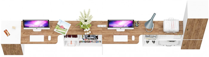 Лидер-8 Стол + Стол + Пенал МД 21Б + Тумба МД 3.16, цвет белый шагрень/крафт золото, ШхГхВ 410х50/37,5х75/190 или 270х120/50х75/190 см., НЕ ун. сб.