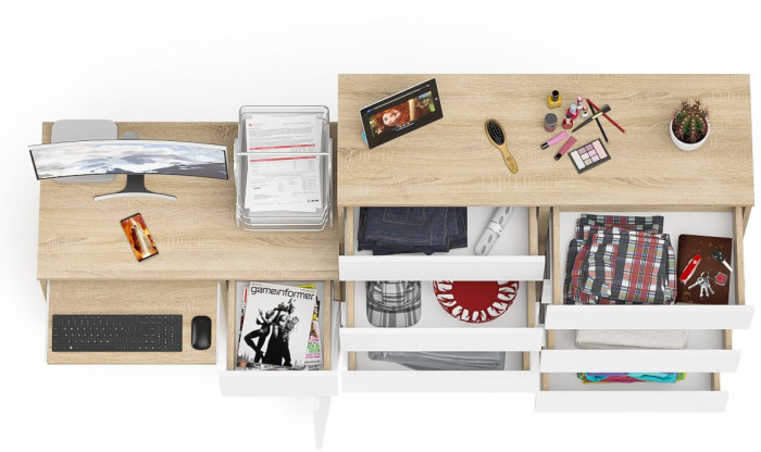 Мори Стол компьютерный МС-1 правый + Комод МК1200.10, цвет дуб сонома/белый, ШхГхВ 210,4х50х115 см., выдвижной ящик справа, НЕ универсальная сборка