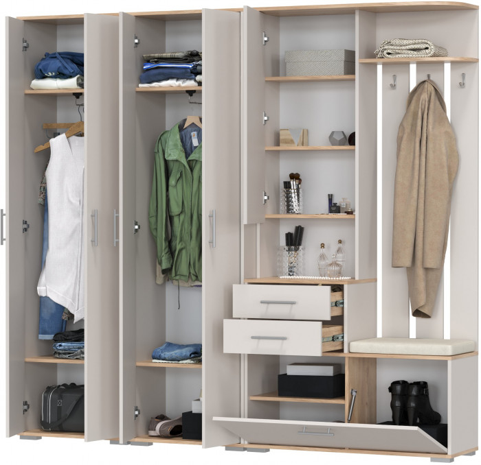 Прихожая Домино 4, цвет дуб крафт золотой/кашемир серый, ШхГхВ 220х36х202 см., универсальная сборка