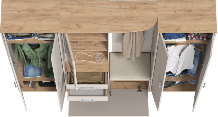 Прихожая Домино 4, цвет дуб крафт золотой/кашемир серый, ШхГхВ 220х36х202 см., универсальная сборка