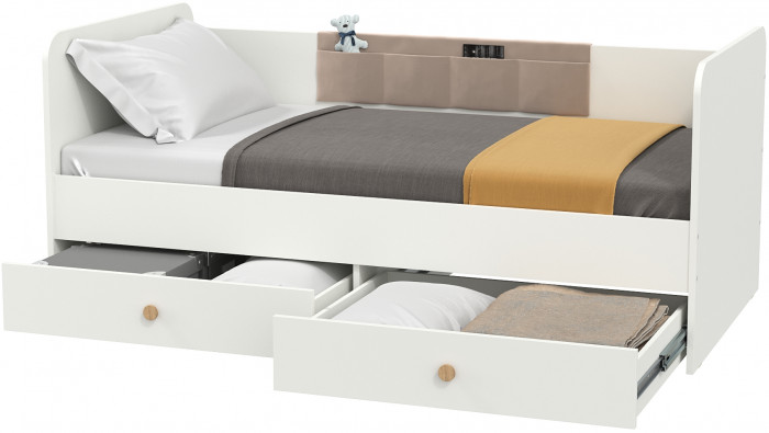 Джастин 11.55 Кровать + Накладка-карман, цвет белый шагрень/ткань серо-бежевая, ШхГхВ 163,8х84х70,6 см., сп. м. 800х1600 мм., б/м, основание есть