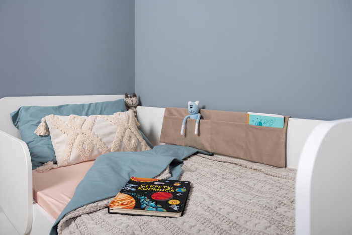 Джастин 11.55 Кровать + Накладка-карман, цвет белый шагрень/ткань серо-бежевая, ШхГхВ 163,8х84х70,6 см., сп. м. 800х1600 мм., б/м, основание есть