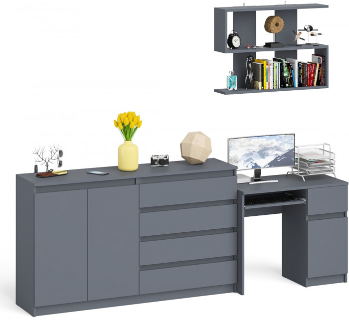 Мори компьютерный стол МС-1 правый + Комод МК1600.1 + Полка 900, графит