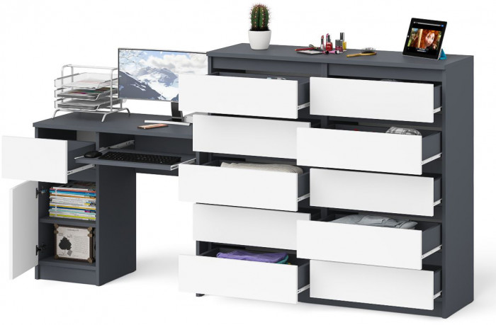 Мори Стол компьютерный МС-1 левый + Комод МК1200.10, цвет графит/белый, ШхГхВ 210,4х50х115 см., выдвижной ящик слева, НЕ универсальная сборка