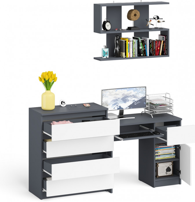 Мори Стол компьютерный МС-1 правый + Комод МК800.4 + Полка 900, цвет графит/белый, ШхГхВ 170,4х50х209,6 см., НЕ универсальная сборка