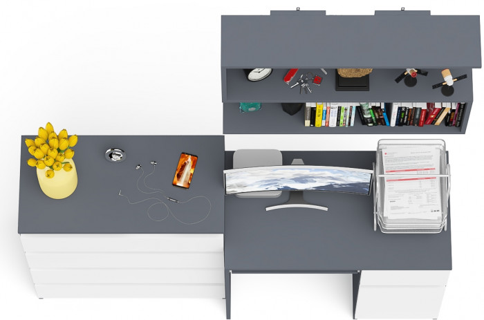 Мори Стол компьютерный МС-1 правый + Комод МК800.4 + Полка 900, цвет графит/белый, ШхГхВ 170,4х50х209,6 см., НЕ универсальная сборка