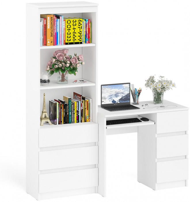 Мори компьютерный стол МС-6 правый + Стеллаж МСТ600.3, белый