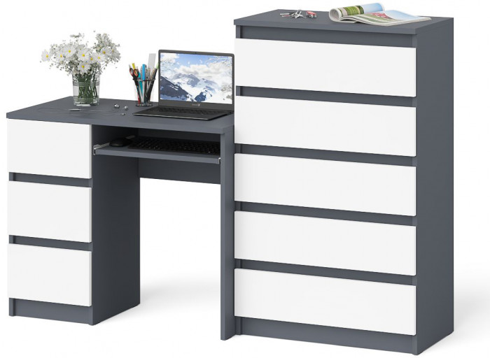 Мори Стол компьютерный МС-6 левый + Комод МК700.5, цвет графит/белый, ШхГхВ 160,4х50х114 см., выдвижные ящики слева, НЕ универсальная сборка