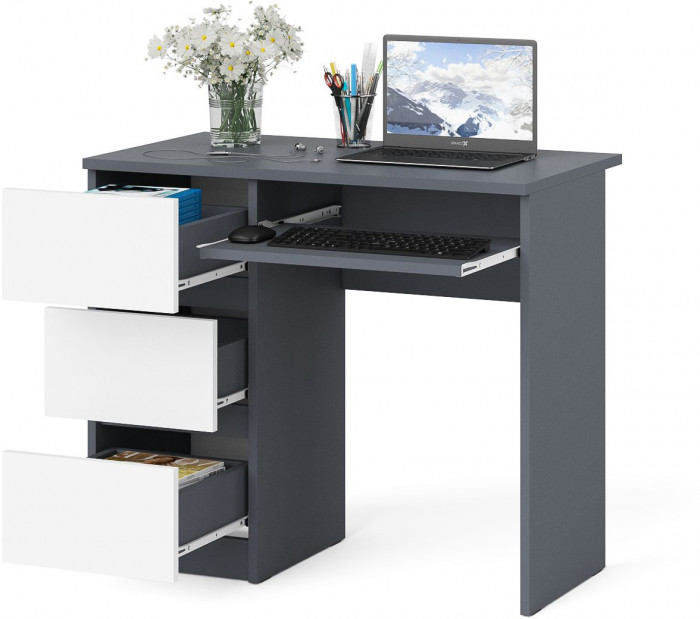 Мори Стол компьютерный МС-6 левый, цвет графит/белый, ШхГхВ 90х50х76,6 см., выдвижные ящики слева, НЕ универсальная сборка