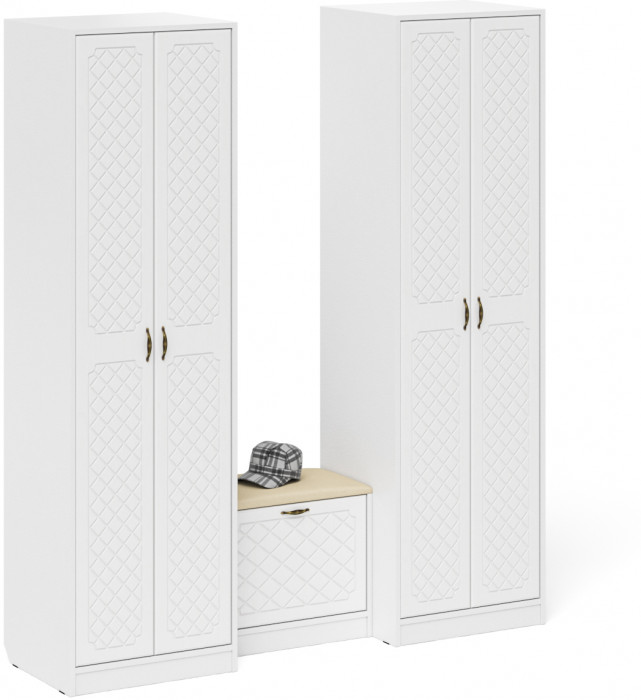 Прихожая П-6 Компоновка № 07, белая шагрень/фасады МДФ белое дерево фрезеровка ромб