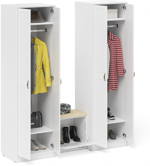 Прихожая П-6 Компоновка № 07, белая шагрень/фасады МДФ белое дерево фрезеровка ромб