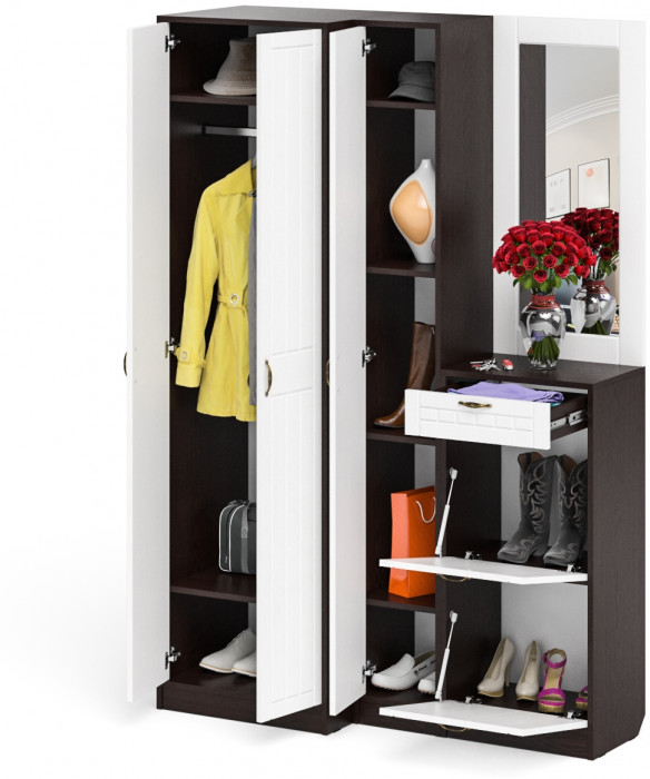 Прихожая П-6 Компоновка № 29, венге/фасады МДФ белое дерево фрезеровка прованс