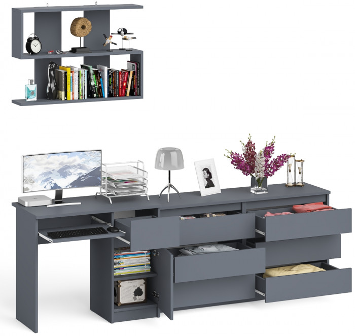 Мори компьютерный стол МС-1 правый + Комод МК1380.6 + Полка 900, графит