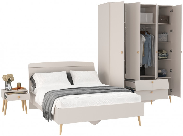 Афина Спальня Кровать 1400 + Шкаф 4-х дверный + Тумба, цвет кашемир серый, 144,6х210,2х95,7 + 160х56,3х220 + 45х37х45 см., 1400х2000, б/м, осн. есть