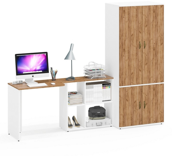 Лидер-8 Стол + Шкаф МД 19Б, цвет белый шагрень/крафт золото, ШхГхВ 245х50х75/190 или 115х160/50х75/190 см., НЕ универсальная сборка