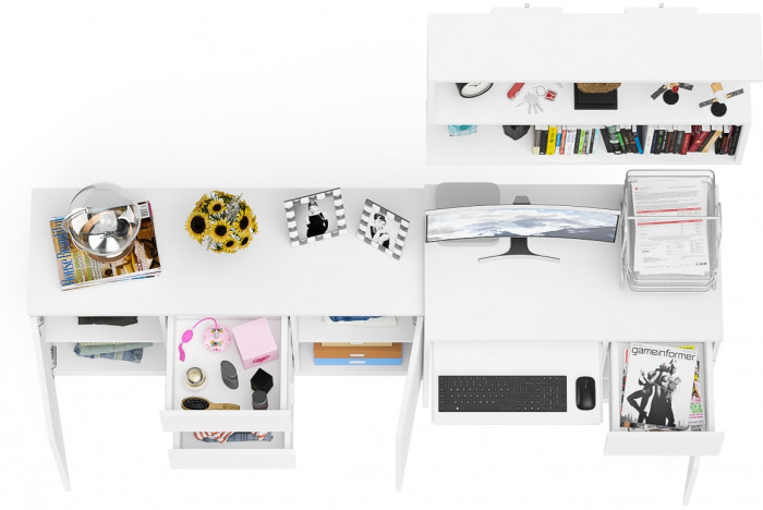 Мори Стол компьютерный МС-1 правый + Комод МК1200.3 + Полка 900, цвет белый, ШхГхВ 210,4х50х209,6 см., НЕ универсальная сборка