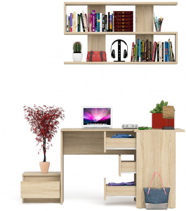 Мори Стол компьютерный МС-16 правый + Тумба ТМП400.1 + Полка 1200, цвет дуб сонома, ШхГхВ 164,8х84,9х209,6 см., НЕ универсальная сборка