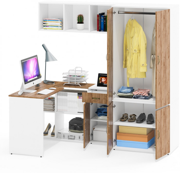 Лидер-8 Стол + Полка + Тумба МД 3.15 + Шкаф МД 19Б, белый шагрень/крафт золото