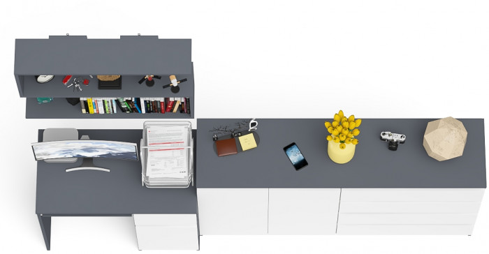 Мори компьютерный стол МС-1 правый + Комод МК1600.1 + Полка 900, графит/белый