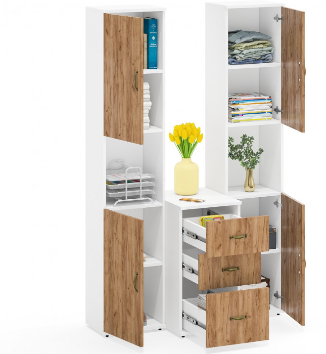 Лидер-8 Пенал + Пенал + Тумба МД 3.16, цвет белый шагрень/крафт золото, ШхГхВ 120х50х190 см., универсальная сборка