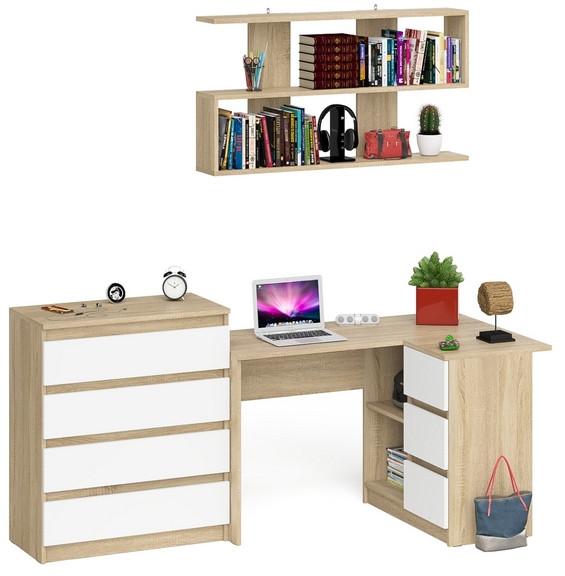 Мори компьютерный стол МС-16 правый + Комод МК800.4 + Полка 1200, дуб сонома/белый