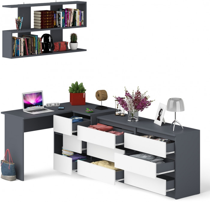 Мори компьютерный стол МС-16 правый + Комод МК1380.6 + Полка 1200, графит/белый